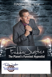 Brick grey Hypnotist Freddie Justice Fundraising poster