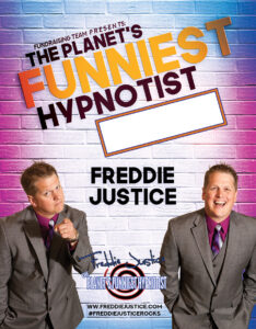 Pink blue Hypnotist Freddie Justice Fundraising poster