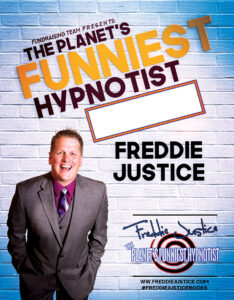 White blue Hypnotist Freddie Justice Fundraising poster