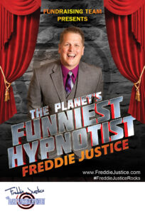 Open curtain Hypnotist Freddie Justice Fundraising poster