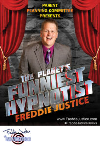 Open curtain Hypnotist Freddie Justice Parent Cmtee poster